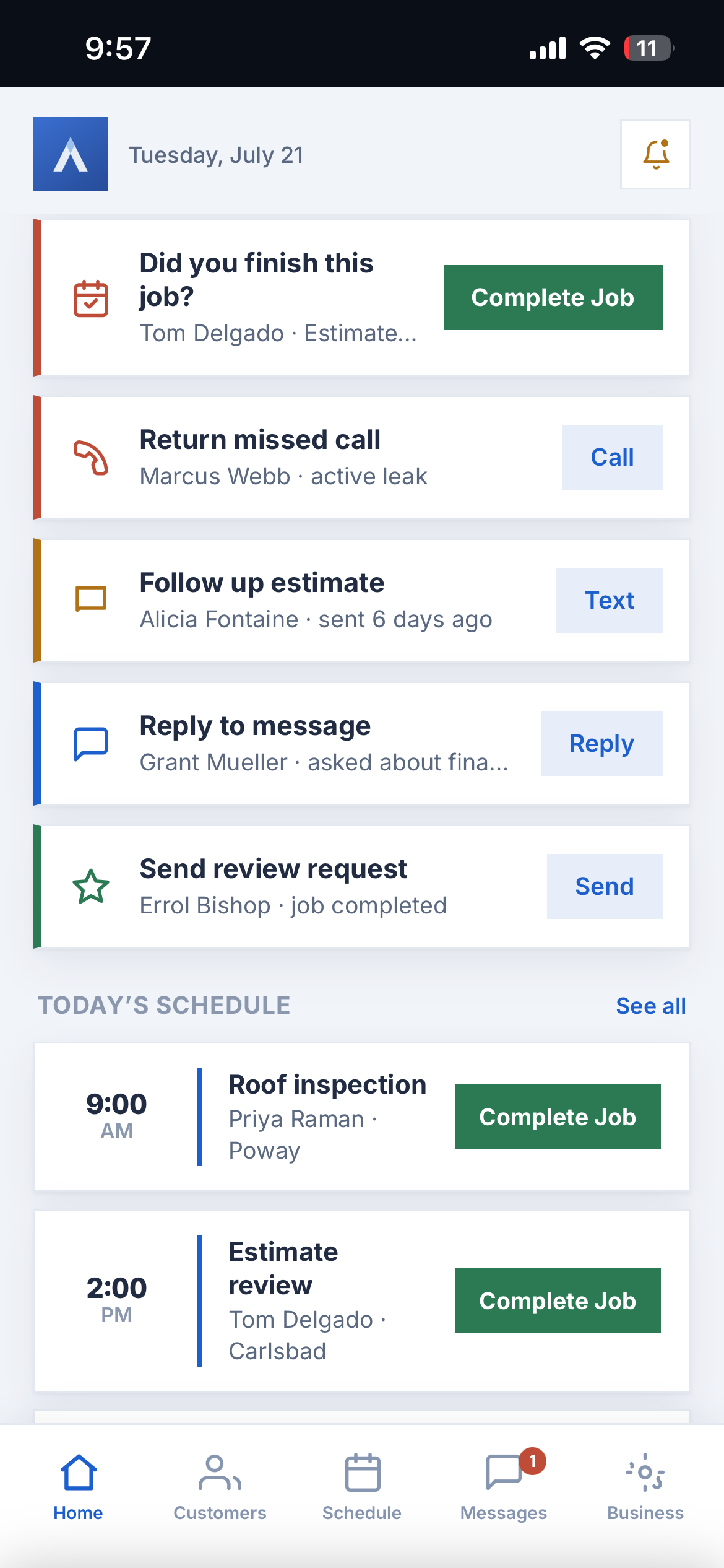 Arise mobile CRM showing customer follow-up tasks and today's appointment schedule