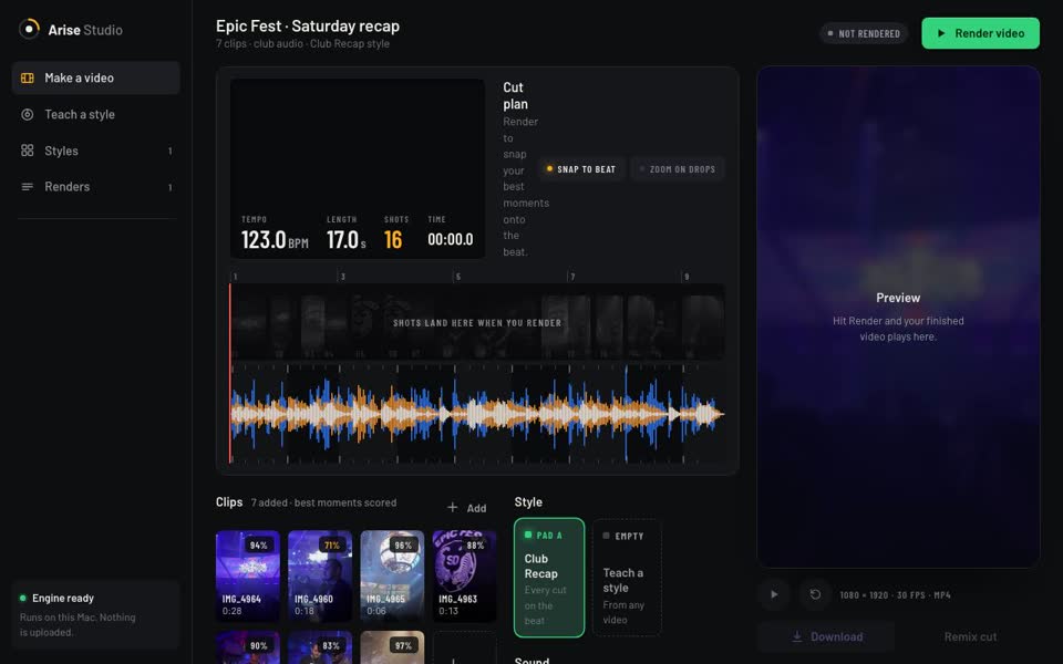 Arise Studio prototype: clips, a beat-synced cut plan, and saved editing styles