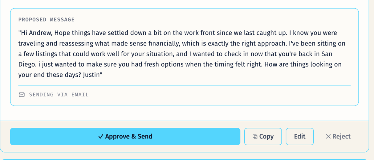 Jireh approval flow: a proposed message awaiting one-tap Approve & Send, Copy, Edit, or Reject